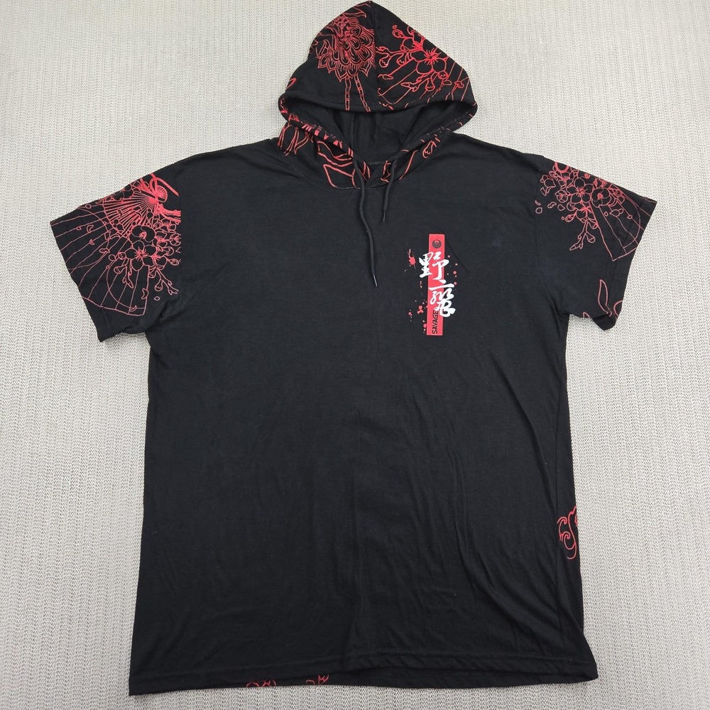 Fresh Laundry Shirt Mens XL Black Red Savage Kanji Graphic Hooded Japanese Tee
